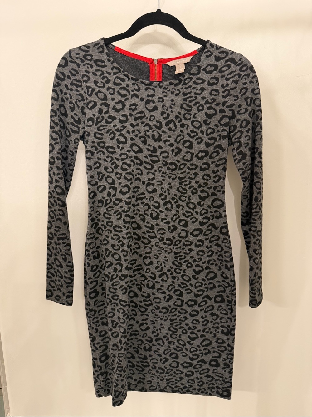 Banana Republic Gray Leopard Print Long Sleeve Dress with Red Trim